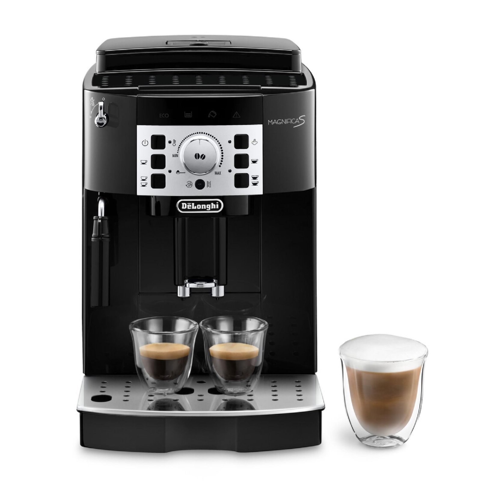 Delonghi black Magnifica S ECAM22 Automatic Coffee Machine with Milk Frother, 2 Hot Coffee Drinks Recipes